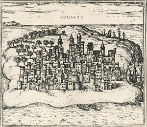 Mombasan kaupunki Keniassa, kaiverrus Civitates Orbis Terrarumista tekijältä Georg Braun and Hogenberg Franz