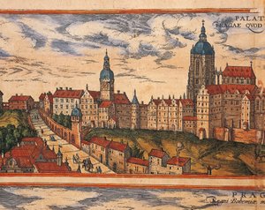 Tšekki, Praha, Näkymä linnoitukselle, Georg Braunin (1541-1622) ja Franz Hogenbergin (1535-1590) värikaiverrus Civitates Orbis Terrarumista tekijältä Georg Braun and Hogenberg Franz