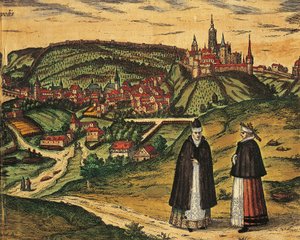 Tšekki, Praha, Näkymä kaupunkiin ja linnoitus taustalla, Georg Braunin (1541-1622) ja Franz Hogenbergin (1535-1590) värikaiverrus Civitates Orbis Terrarumista tekijältä Georg Braun and Hogenberg Franz