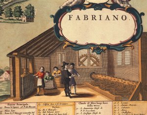 Yksityiskohta Fabrianon kaupungin paperiteollisuudesta, kirjoittanut Georg Braun tekijältä Georg Braun and Hogenberg Franz