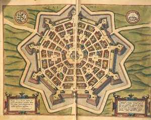 Italia, Palmanova, kartta, kaiverrus Civitates Orbis Terrarumista, Georg Braun ja Franz Hogenberg, aktiivinen Kölnissä tekijältä Georg Braun and Hogenberg Franz
