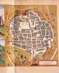 Italia, Sulmona, Sulmonan kaupunki Georg Braunin ja Franz Hogenbergin Civitates Orbis Terrarumista, kaiverrus tekijältä Georg Braun and Hogenberg Franz