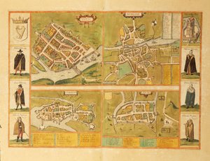 Galwayn, Dublinin, Limerickin ja Corkin kartta Civitates Orbis Terrarumilta, kirjoittanut Georg Braun tekijältä Georg Braun and Hogenberg Franz