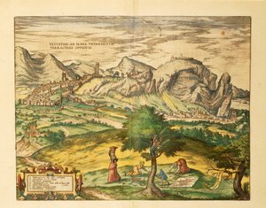 Lazion alueen Terracinan kartta Civitates Orbis Terrarumilta, kirjoittanut Georg Braun tekijältä Georg Braun and Hogenberg Franz