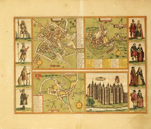 Mapa de York, Shrewbury, Lancaster i Richmond Castle de Civitates Orbis Terrarum de Georg Braunfinnish tekijältä Georg Braun and Hogenberg Franz
