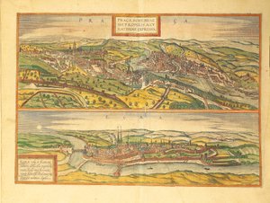 Praha ja Cheb, Eger julkaisusta Cities of the World, kirjoittanut Georg Braun tekijältä Georg Braun and Hogenberg Franz