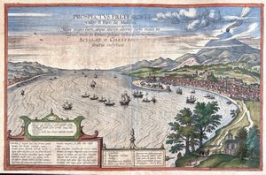 Messinan Detroit Sisilian ja Calabrian (Italia) välissä (kaiverrus tekijältä Georg Braun and Hogenberg Franz