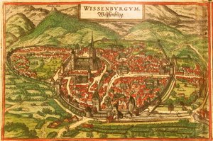 Wissembourg, Valkoinen linna, Alsace tekijältä Georg and Hogenberg Franz (1535 90) Braun
