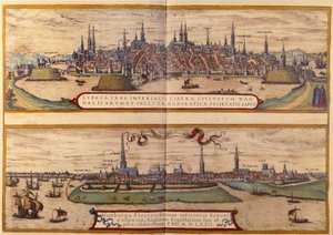 Lyypekin kaupungin yläkuvassa, Hampurin kaupungin alapuolella Saksassa. Kaiverrus Braunin ja Hogenbergin atlasista vuodelta 1572 tekijältä Georg Braun and Hogenberg Franz