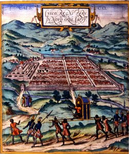 Cuzco, inka-sivilisaation pääkeskus. Atlas de Braun & Hogenberg tekijältä Georg Braun and Hogenberg Franz