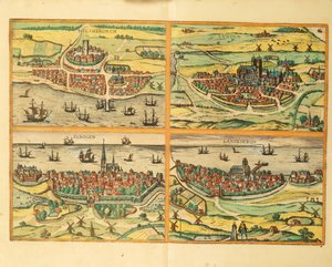 Helsingborg, Lund, Malmö, Elbogen ja Landskrona, Maailman kaupungeista Köln tekijältä Georg Braun and Hogenberg Franz