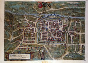 Kartta Saksan Weimarin kaupungista. Kaiverrus "Braunin ja Hogenbergin" atlasista vuodelta 1572 tekijältä Georg Braun and Hogenberg Franz