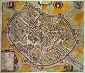 Kartta Toursin kaupungista Ranskassa. Kaiverrus "Braunin ja Hogenbergin" atlasista vuodelta 1572 tekijältä Georg Braun and Hogenberg Franz
