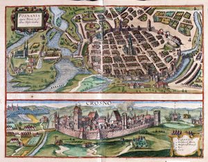 Poznan ja Krosno, Puola (kaiverrus tekijältä Georg Braun and Hogenberg Franz