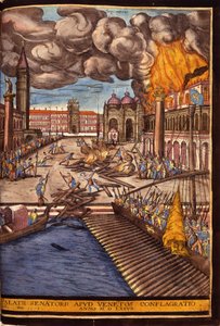 Herttuapalatsin suuri tulipalo Pyhän Markuksen torilla Venetsiassa vuonna 1577. George Braunin kaiverrus "" Civitatis Orbis Terrarum" -osa I kirjoittanut Franz Hogenberg (1535-1590)