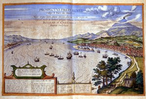 Messinan salmi - Calabria on vasemmalla, kun taas Messina ja Etna ovat oikealla Sisiliassa. Atlas de Braun ja Hogenberg tekijältä Georg Braun and Hogenberg Franz