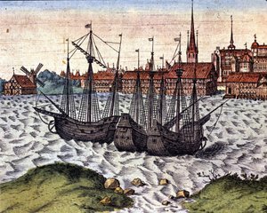 Lyypekin satama Braunin ja Hogenbergin Theatrum Orbis Terrarumin jälkeen. 17. vuosisata. tekijältä Georg Braun and Hogenberg Franz