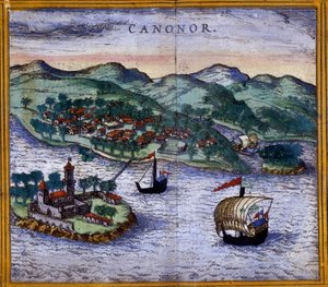 Näkymä Canonoriin (tai Cannanoreen) Intiassa Braunin ja Hogenbergin "Civitates Orbis Terrarum" -julkaisusta tekijältä Georg Braun and Hogenberg Franz