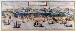 Näkymä Kozhikodeen tai Calicutiin Intiassa Braun & Hogenbergin Civitates Orbis Terrarum -atlasista tekijältä Georg Braun and Hogenberg Franz