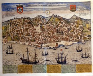 Näkymä Lissaboniin 1500-luvun lopulla. Braun & Hogenbergin Atlas "Civitates Orbis Terrarum".