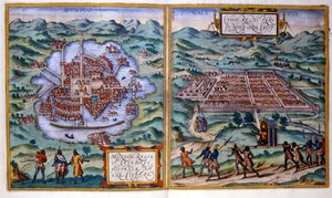 Näkymä Mexico Cityyn (Meksiko) ja Cuzcoon (Peru). Atlas Braun & Hogenberg tekijältä Georg Braun and Hogenberg Franz