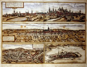 Näkymä Saksan kaupungeista Nürnbergistä ja Ulmista, Salzburgista, Itävallasta. Kaiverrus "Braunin ja Hogenbergin" atlasista vuodelta 1572 tekijältä Georg Braun and Hogenberg Franz
