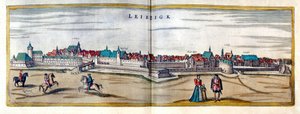Näkymä Leipzigin kaupunkiin Saksassa. Kaiverrus "Braunin ja Hogenbergin" atlasista 1600-luvun alusta tekijältä Georg Braun and Hogenberg Franz