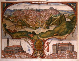 Näkymä Toledon kaupunkiin 1500-luvulla. George Braunin kaiverrus Franz Hogenbergin (1535-1590) "" Civitatis Orbis Terrarum" -osassa, I osa tekijältä Georg Braun and Hogenberg Franz