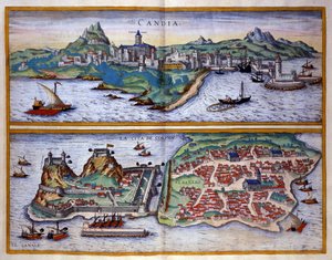 Näkymä Candien satamasta (nykyinen Heraklion) Kreetalla ja Korfun satamasta Kreikassa George Braunin kaiverrus "" Civitatis Orbis Terrarum""" Osa I kirjoittanut Franz Hogenberg (1535-1590) tekijältä Georg Braun and Hogenberg Franz
