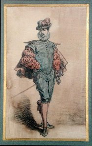 Mieshahmo historiallisessa asussa (kynä, tussi ja akvarelli paperille) tekijältä George Sand