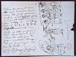 Fonds Lovenjoul E858 Ms 937 1,219 George Sandin (1804-76) kirje Revue des Deux Mondes -lehden toimittajalle Francois Bulozille, jossa pyydetään maksua ja kirjailijan sarjakuva, joka näyttää itsensä velkojien ympäröimänä tekijältä George Sand