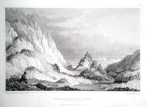 Jäävuori, joka kiinnittyy jäiseen riutta, merinäköalalla, Sir John Franklinin (1786-1847) 