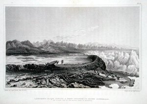 Veneiden vesillelasku riutta vastapäätä Conybeare-vuorta, 1823 julkaistusta Sir John Franklinin (1786-1847) Tarina matkasta Napameren rannoille vuosina 1819-1822. -28 (värikaiverrus)