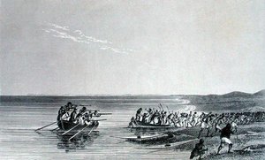 The Boats Getting Afloat, Sir John Franklinin (1786-1847) kertomus toisesta tutkimusmatkasta Napameren rannoille vuosina 1825-27, kaiverrettu Edward Finden (1791-1857), julkaistu 1828 (kaiverrus)