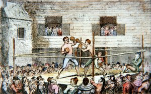 Sparrausottelu viisikenkäkentällä Lontoossa vuonna 1812 julkaistusta vedoksesta (värilitho)
