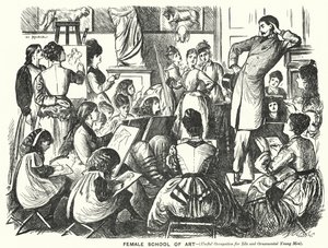 Punch-sarjakuva: Naisten taidekoulu (hyödyllinen ammatti joutilaisille ja koristeellisille nuorille miehille) (kaiverrus)
