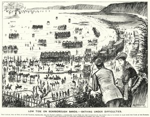 Punch-sarjakuva: Laskuvesi Scarborough Sandsilla - Uiminen vaikeuksissa (kaiverrus) tekijältä George (after) Du Maurier