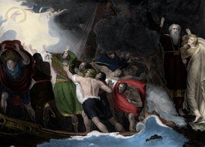 Prospero ja Miranda, oikeassa, seisovat saarella, kun merimiehet haaksirikkoutuvat