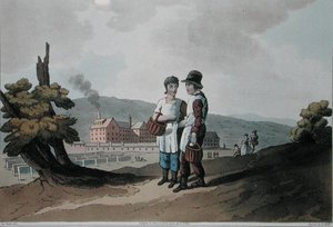 Tehdaslapset, teoksesta "Yorkshiren puku" kaiverrettu Robert Havell (1769-1832) 1814 (väri litho) tekijältä George (after) Walker