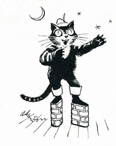 Puss in (tiiliseinämäinen alusta) saappaat (mustetta läpinäkyvälle valkoiselle kortille) tekijältä George Adamson