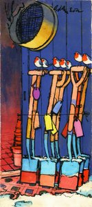 Robins and Spades, 1970-luku (intialainen muste läpinäkyvyydellä guassin päällä kortilla) tekijältä George Adamson