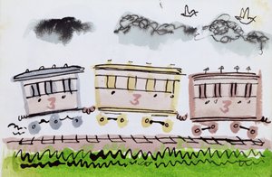 The Steam Train, osa II, 1952 (intialainen muste ja kynä ja pesu paperille) tekijältä George Adamson