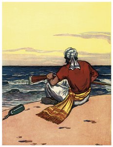 Merirosvo hylkäämässä autiolla saarella katselee horisonttiviivaa Kuvitus George Albert Williamsin (1875-1932) teoksesta "The Boys Books of Pirates" 1914