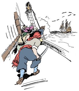 Merirosvolaiva jahtaamassa laivaa Kuvitus George Albert Williamsin (1875-1932) "Pojan kirjasta merirosvoista ja suurista merikulkijoista" 1900 tekijältä George Alfred Williams