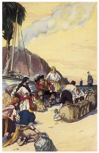 Merirosvo Henry Morgan jakaa Maracaibo-kuvituksen aarteen George Albert Williamsin (1875-1932) teoksesta "The Pirates of Panama or the Buccaneers of America" 1914.