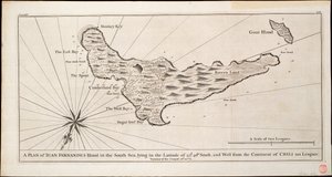 Suunnitelma Iuan Fernandesin saaresta Etelämerellä, joka sijaitsee 33d. leveyspiirillä. 40 m. eteläistä pituutta ja 110 peninkulmaa Chilin mantereesta länteen, noin 1750 (kaiverrus). tekijältä George Anson