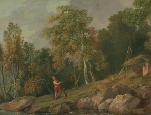 Metsäinen maisema pojan ja koiransa kanssa