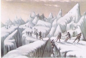 Mont Blancin nousun vaiheet, Collinsin julkaisemasta British Adventure -teoksesta, 1947. tekijältä George Baxter