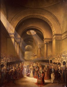 Hänen armollisimman majesteettinsa kuningatar Victorian saapuminen ylähuoneeseen avaamaan ensimmäistä parlamenttiaan (painettu). tekijältä George Baxter