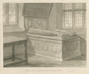 Ellastonen kirkko - Sir John Fleetwoodin muistomerkki: seepiapiirros, 1841